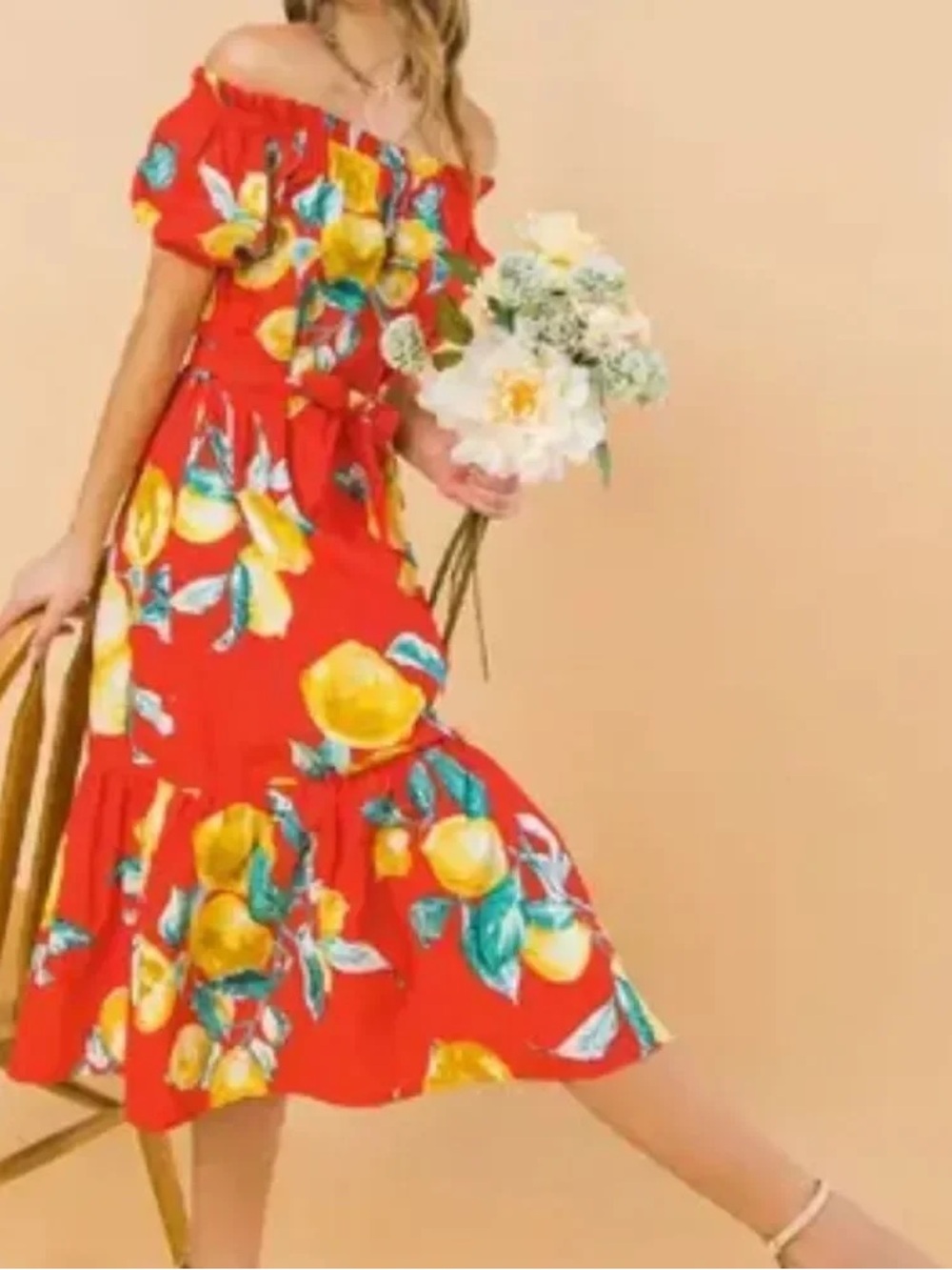 New Flying Tomato Red Off-Shoulder lemon Midi Dress medium ready for anything